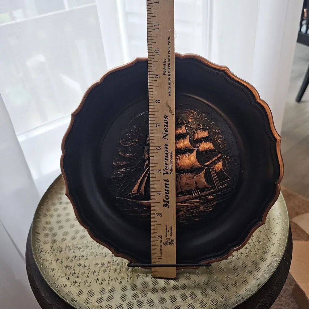 1974 Resin Ship Wall Plaque | MCM Copper Tone Sailing Boat Art
